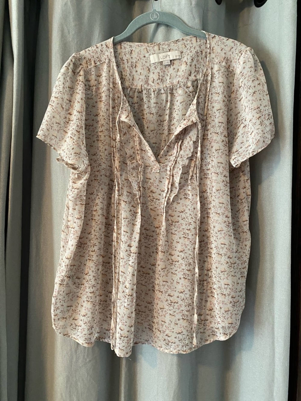 LOFT Sheer Cream Blouse with Brown Floral Tie Neck, Women’s Size Large Petite
